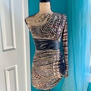 SKY One Shoulder Leather Waist Mini Dress